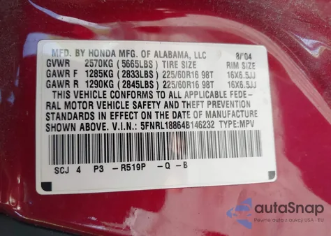 2004 Honda Odyssey Ex z USA, uszkodzony, nr VIN 5FNRL18864B146232